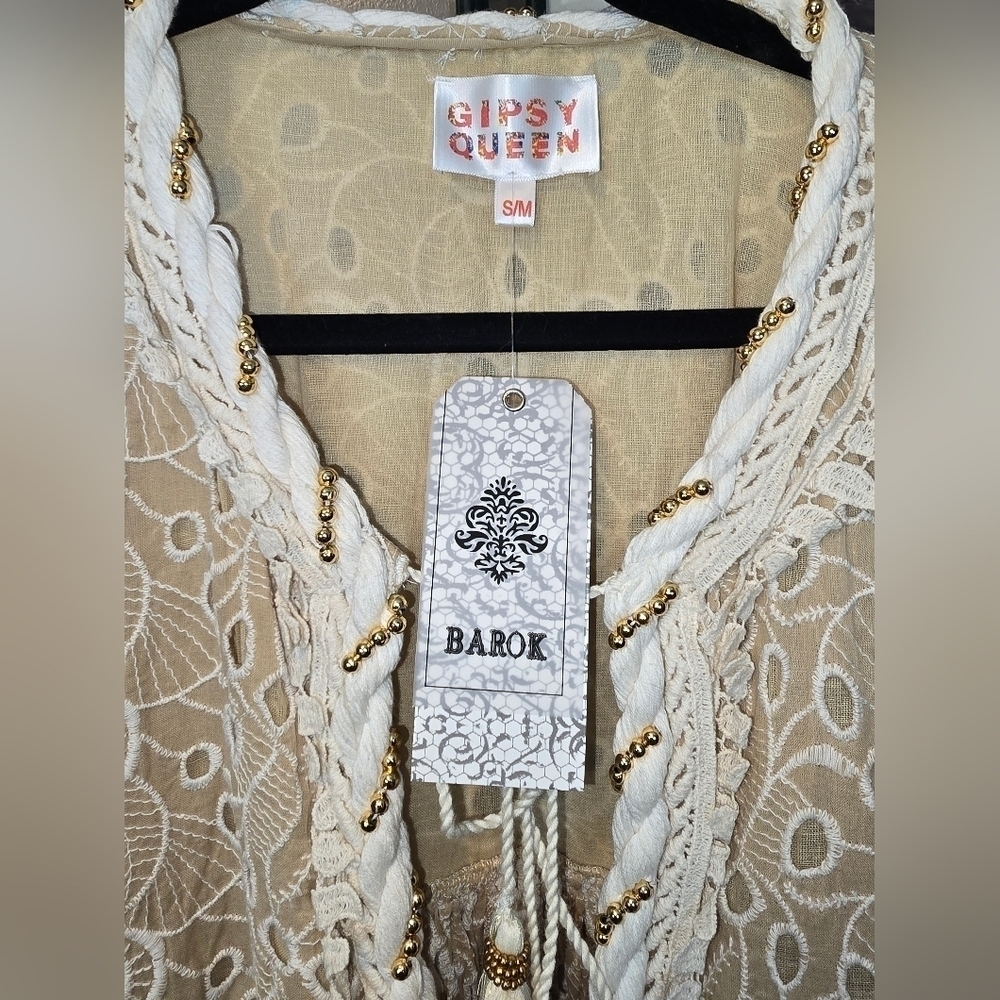 Gipsy Queen Barok Paris Boho Eyelet Lace Embroidered Open Tie-Front Cardigan Tan - Picture 12 of 16